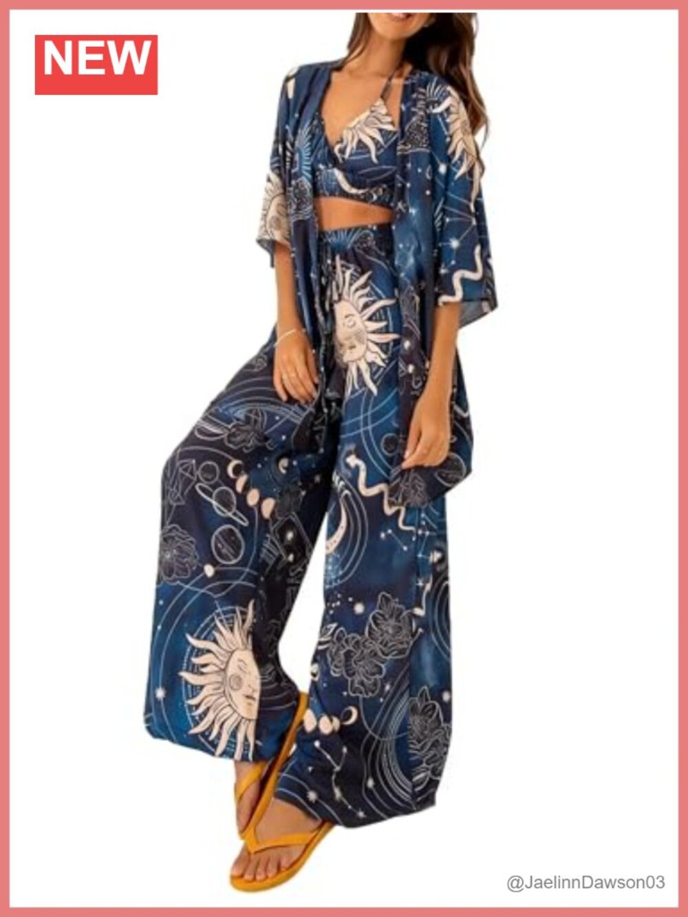 3 Piece Celestial Sun Moon Print Set Halter Crop Top Wide Leg Pants Kimono